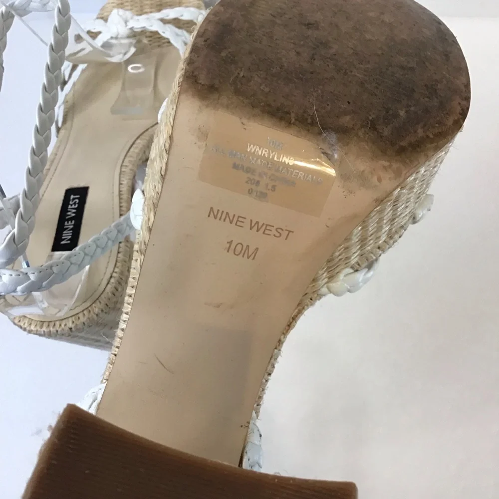 NINE WEST Women's RYLIN White Tan Raffia Chunky Platform Sandals 10